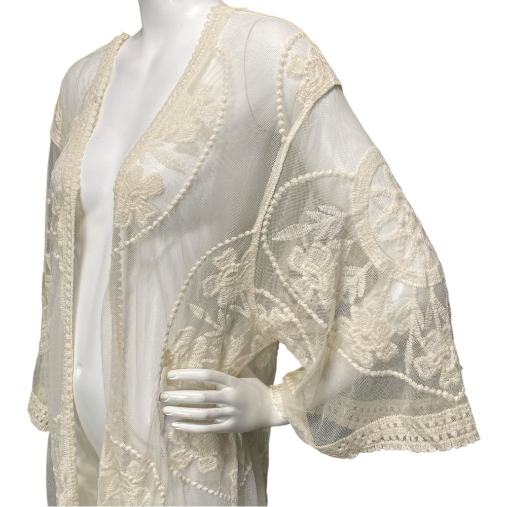 FLORAL BLOOMING Kimono Lace Cover Up Long Duster Beige  Open Front Boho Sz Large - Picture 13 of 17
